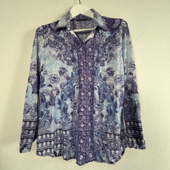David Cline Womens Long Sleeve Button-Up Shirt Medium Ink Blue/Purple Floral - Picture 1 of 9